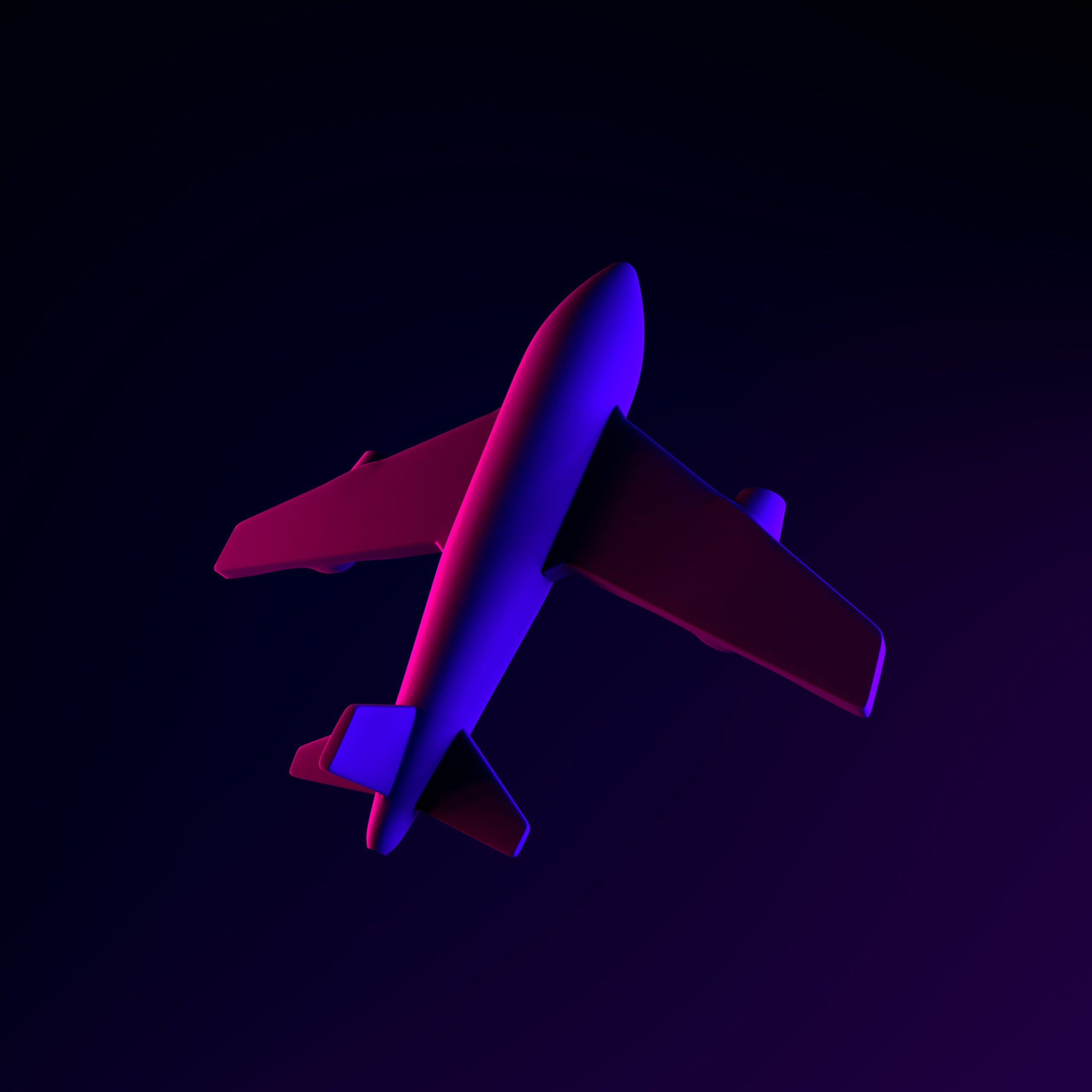 Airplane neon icon. 3d rendering ui ux interface element. Dark glowing symbol.